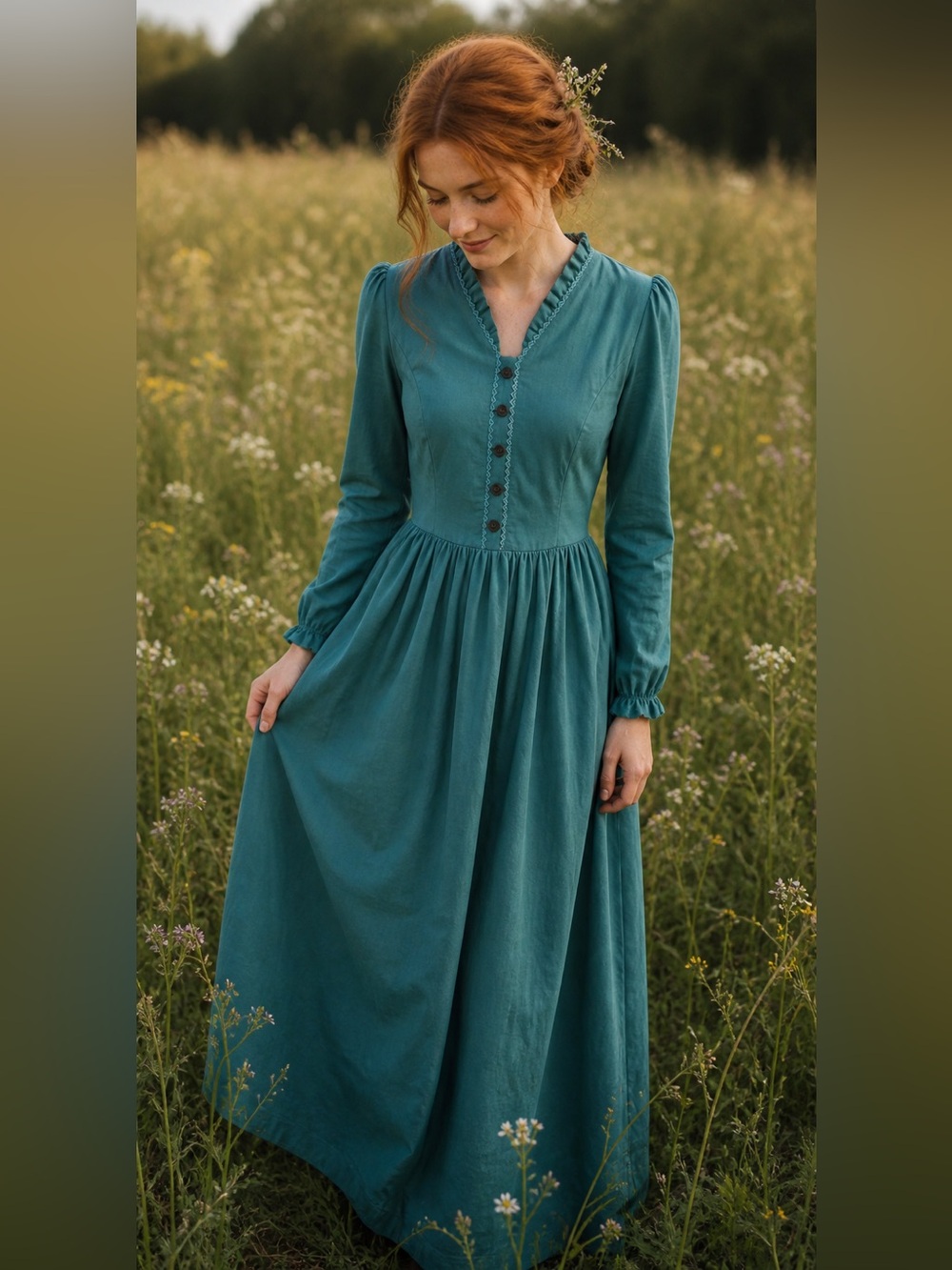 Teal Long Sleeve Maxi Dress with Button Front